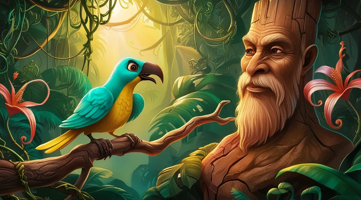 a painting of a man and a bird on a tree branch