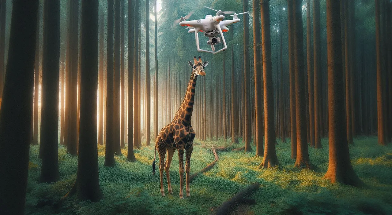 one giraffe is watching the flying of a drone in a forest