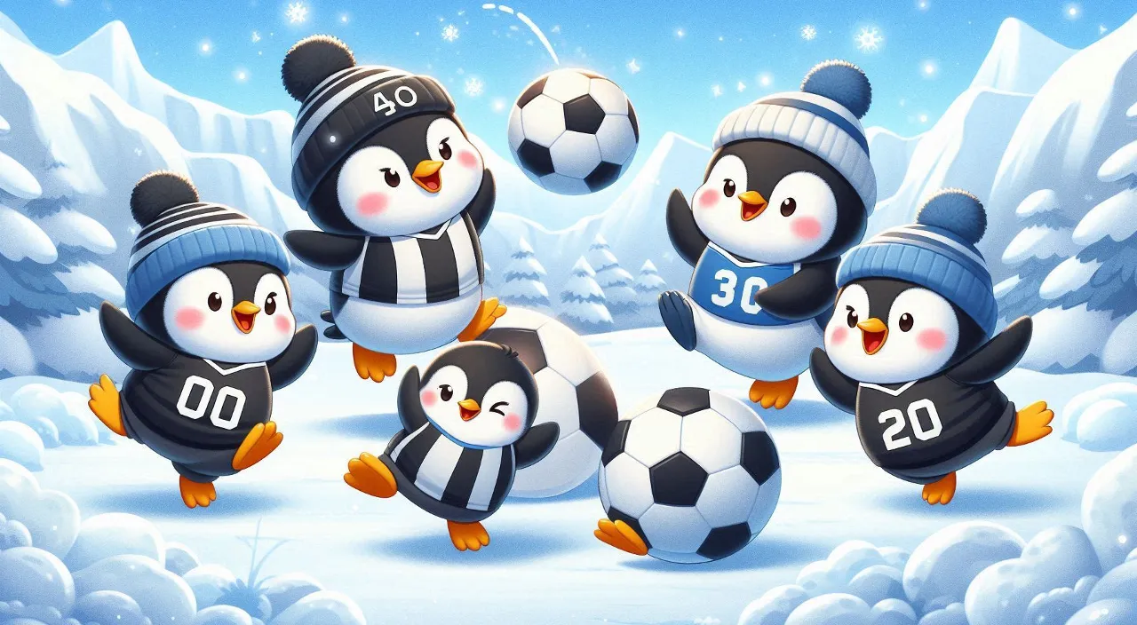 a group of penguins playing soccer with one football in the snow