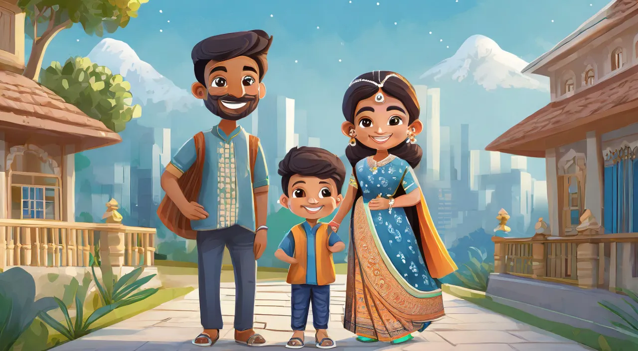 an animated boy is standing with his mother and father. all are standing in front of a house