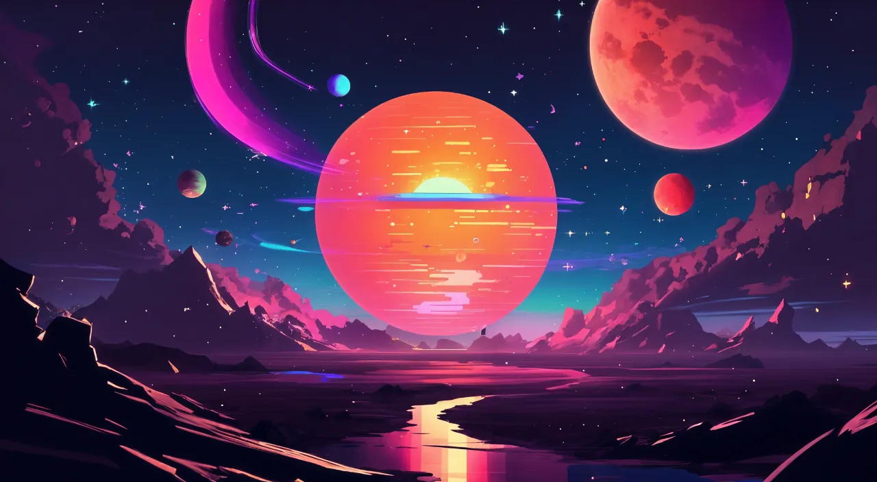 a futuristic landscape with planets and a river all moving and thriving