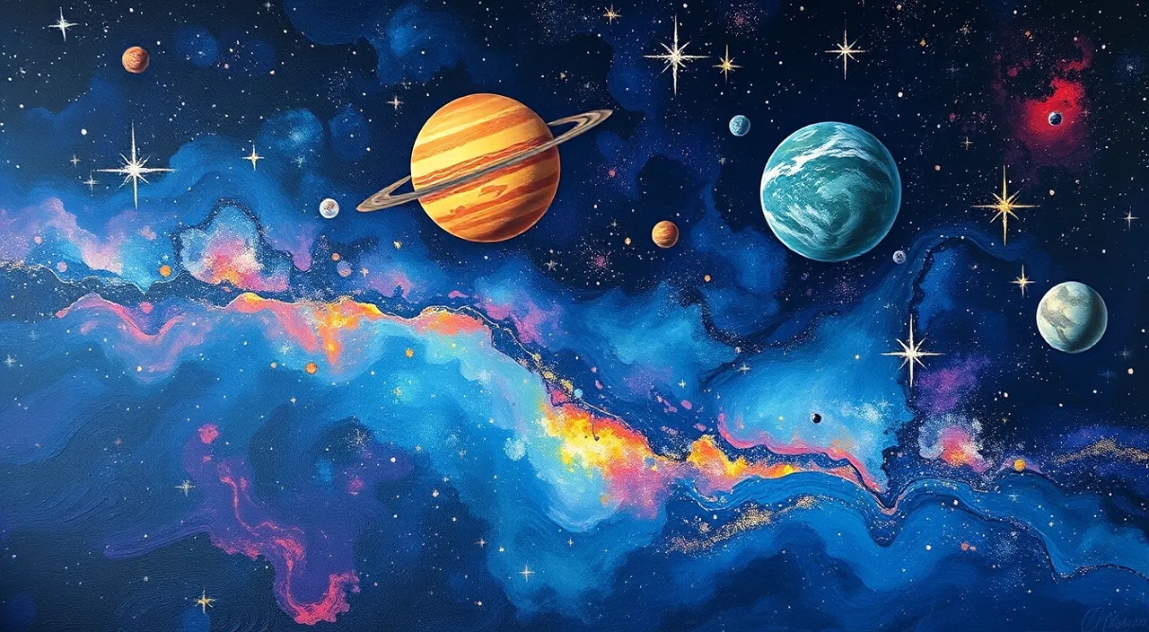 a painting of planets and stars in the sky