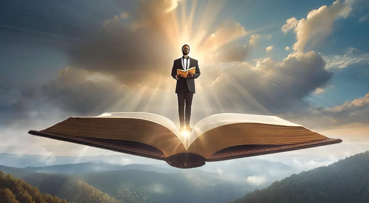 bald black man in suit standing in a book flying forward