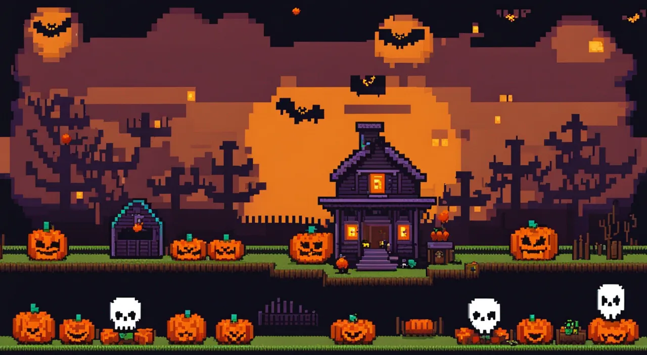 a pixel art halloween scene with ghosts and a house