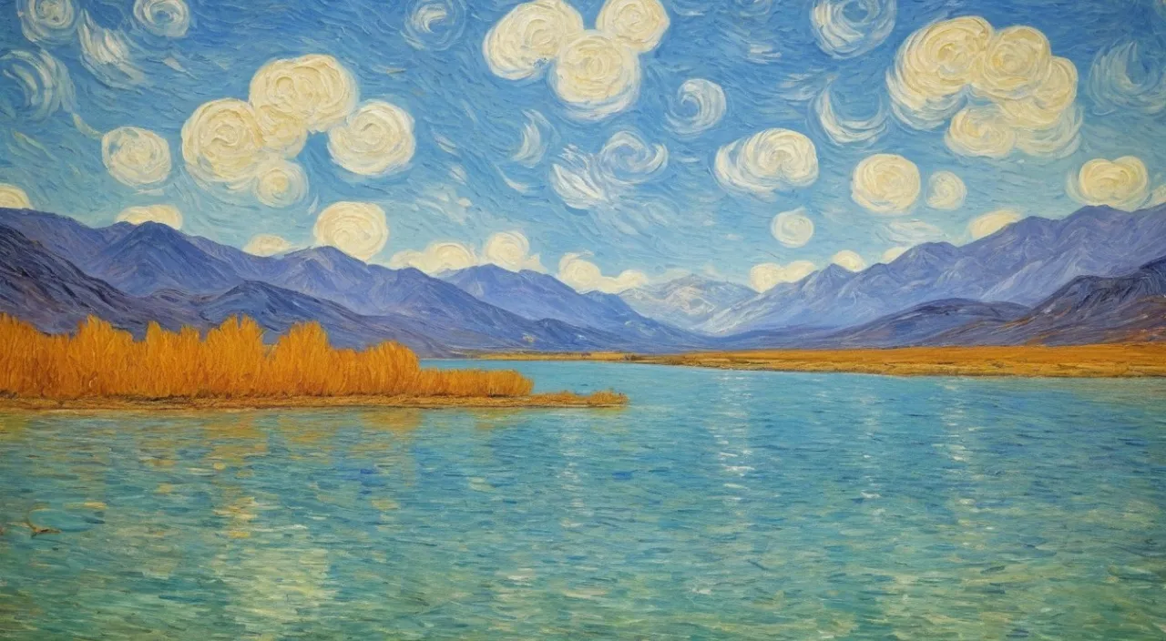 a painting of a lake with mountains in the background