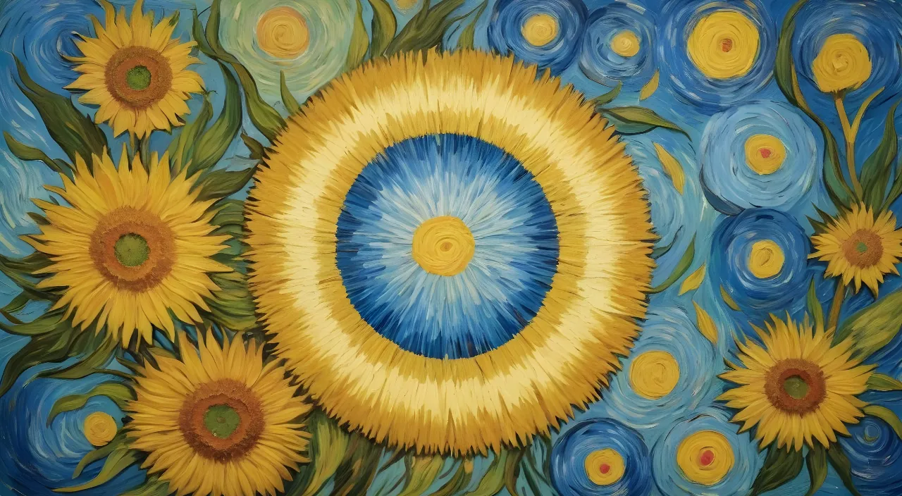 a painting of sunflowers with a blue sky in the background, morphyn into night sky