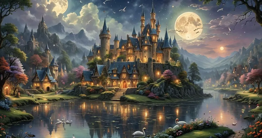 a painting of a castle by a lake at night