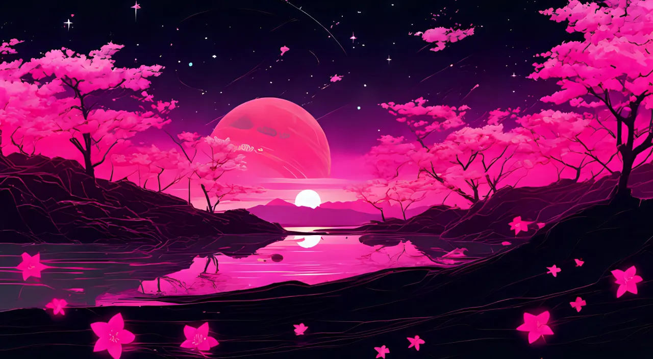 a painting of a sunset with pink cherry blossom flowers and trees