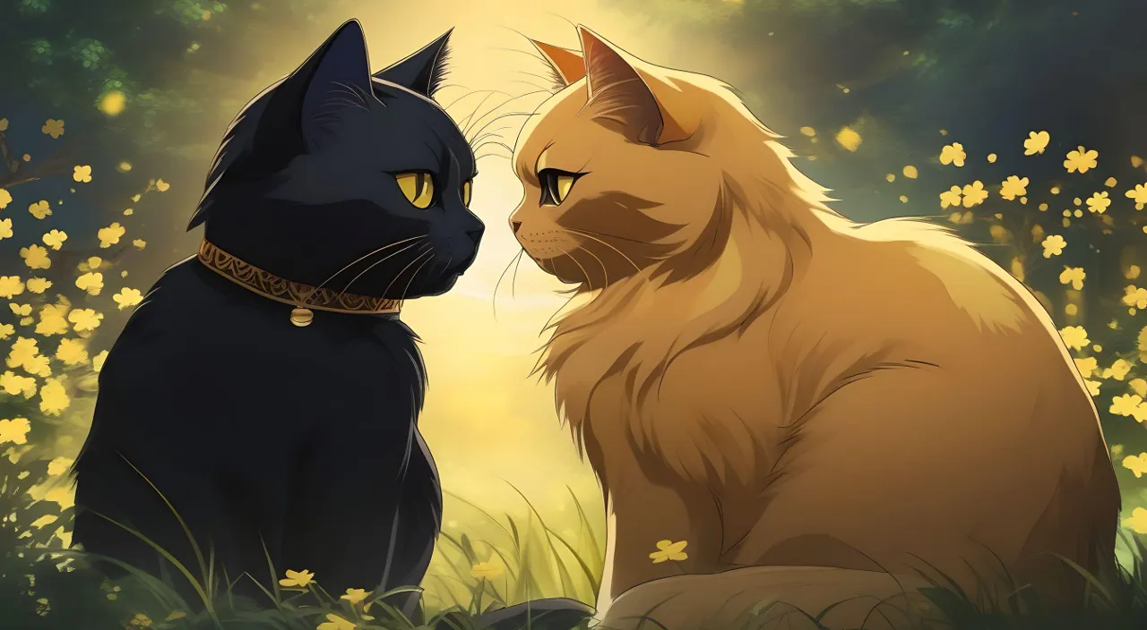 big yellow-white male cat and black Persian female cat - talking, ar 16:9