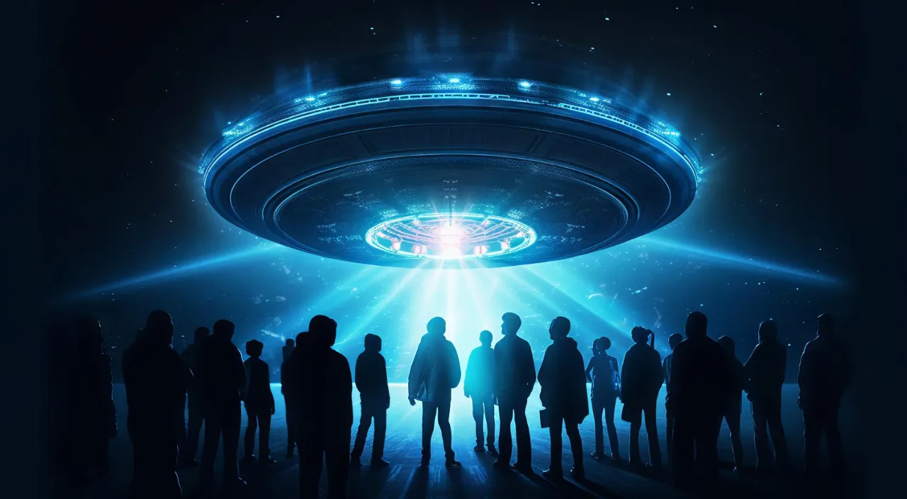 a group of people standing in front of a large SPACESHIP THAT IS SPINNING 