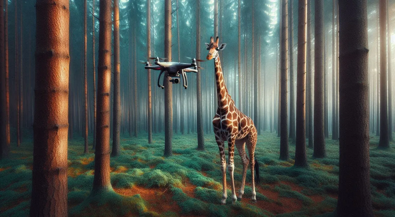 a giraffe standing in the middle of a forest with a drone 