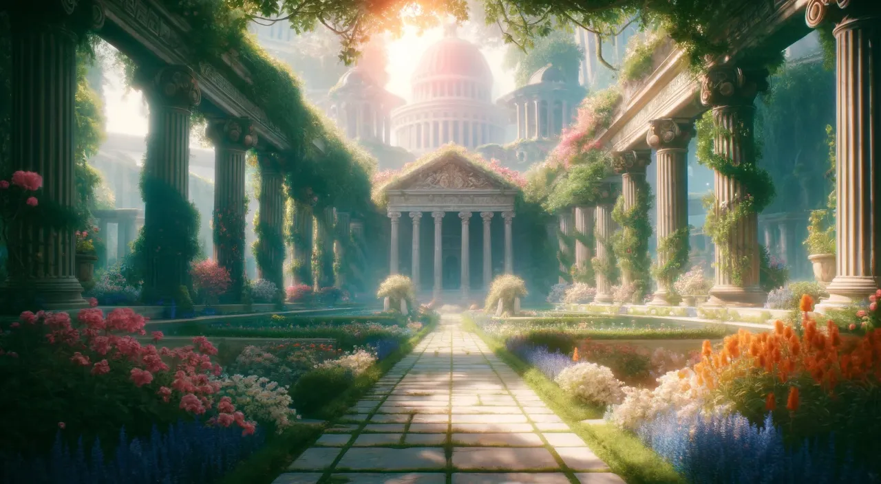 a painting of a garden with a building in the background， Very exquisite, very high quality, 16k, dreamy and beautiful Japanese animation "Saint Seiya" style.