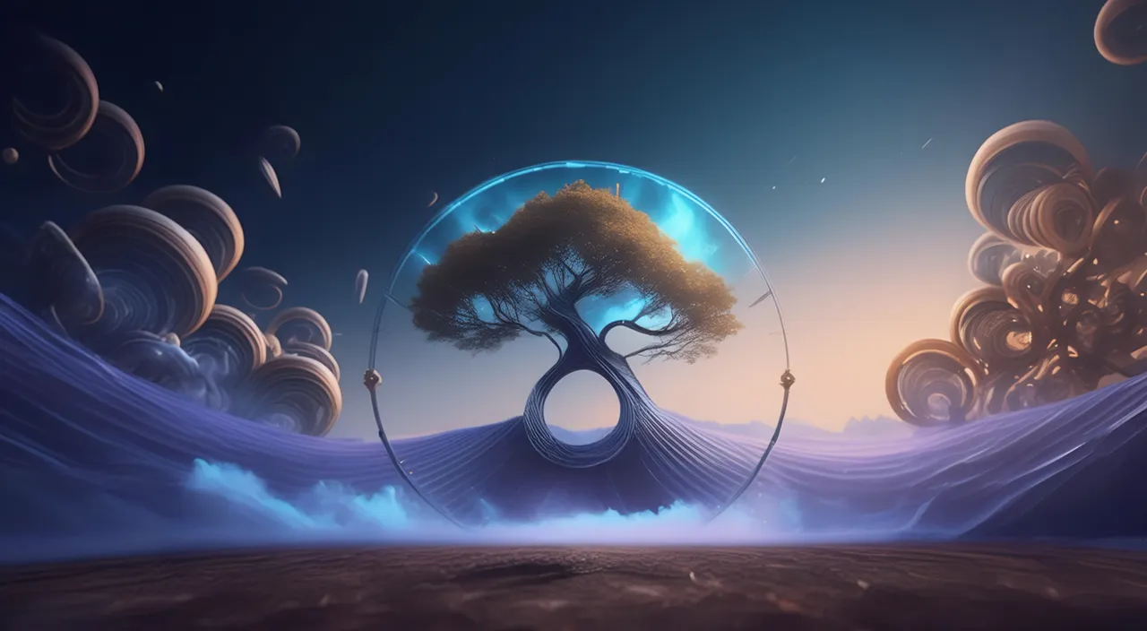 a painting of a tree in a surreal landscape