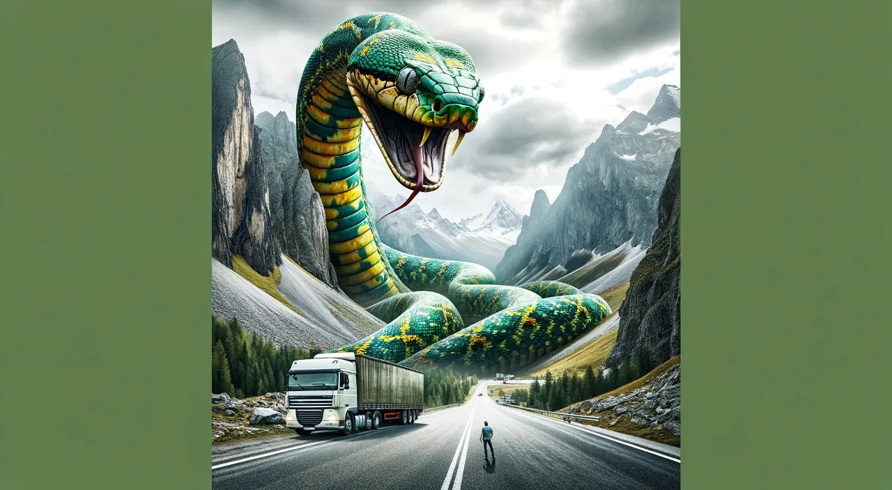 a large green snake on the side of a road