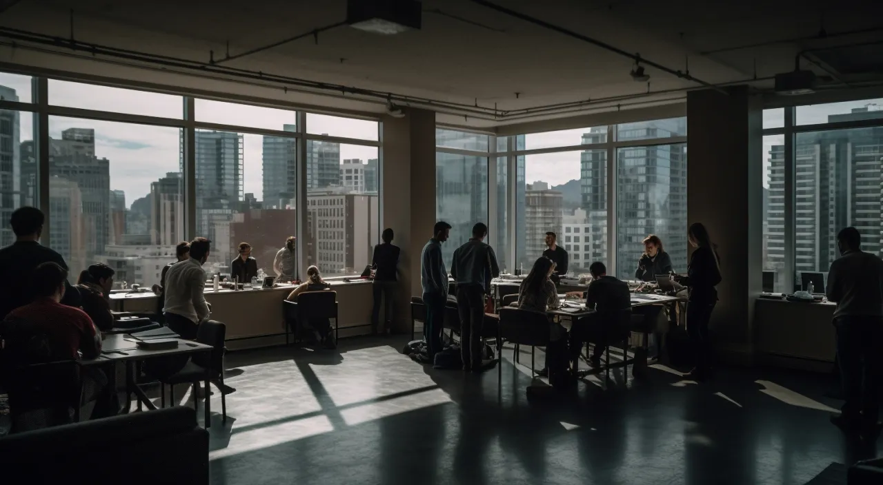 a group of people standing around a room