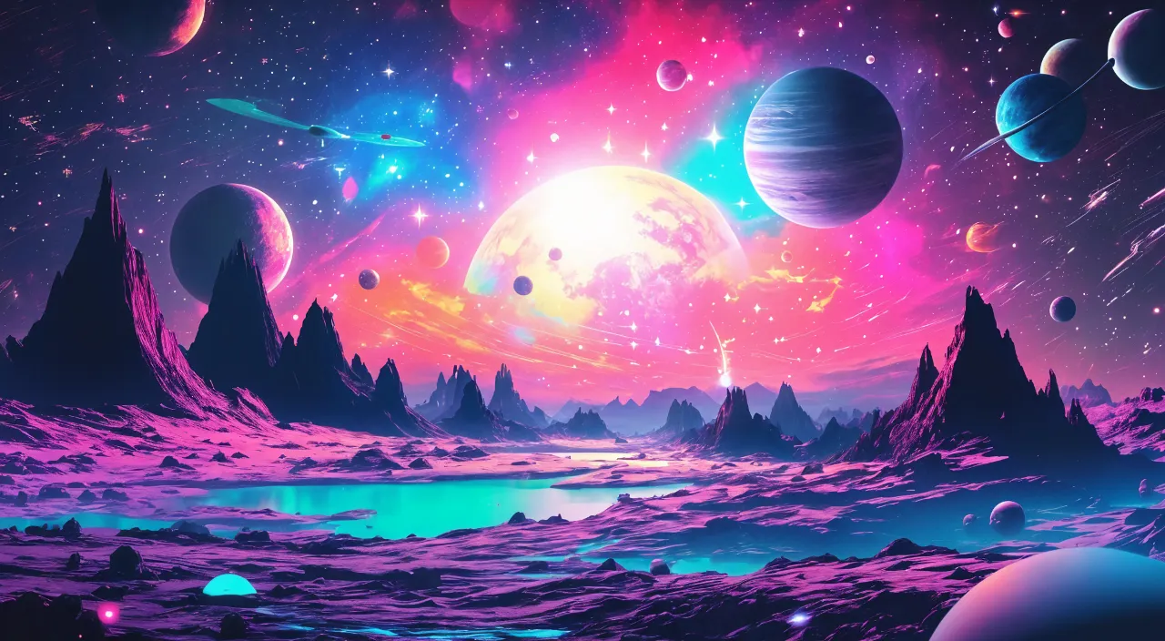 a painting of planets in the sky with mountains all around 