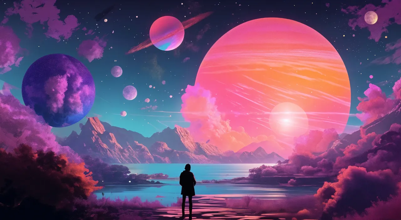 a painting of a person standing in front of planets a lake and mountains