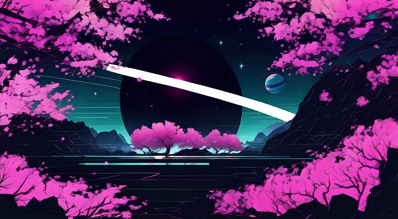 a futuristic landscape with pink trees and planets