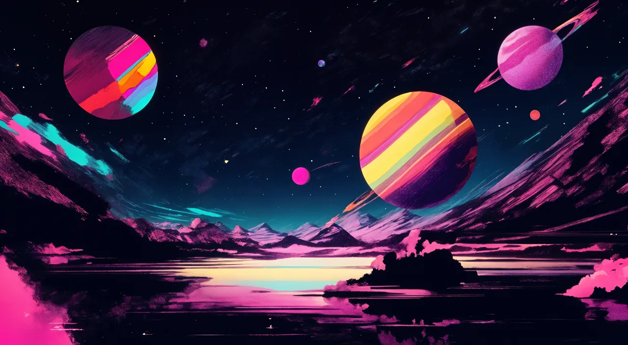 a painting of planets floating in the sky over hills