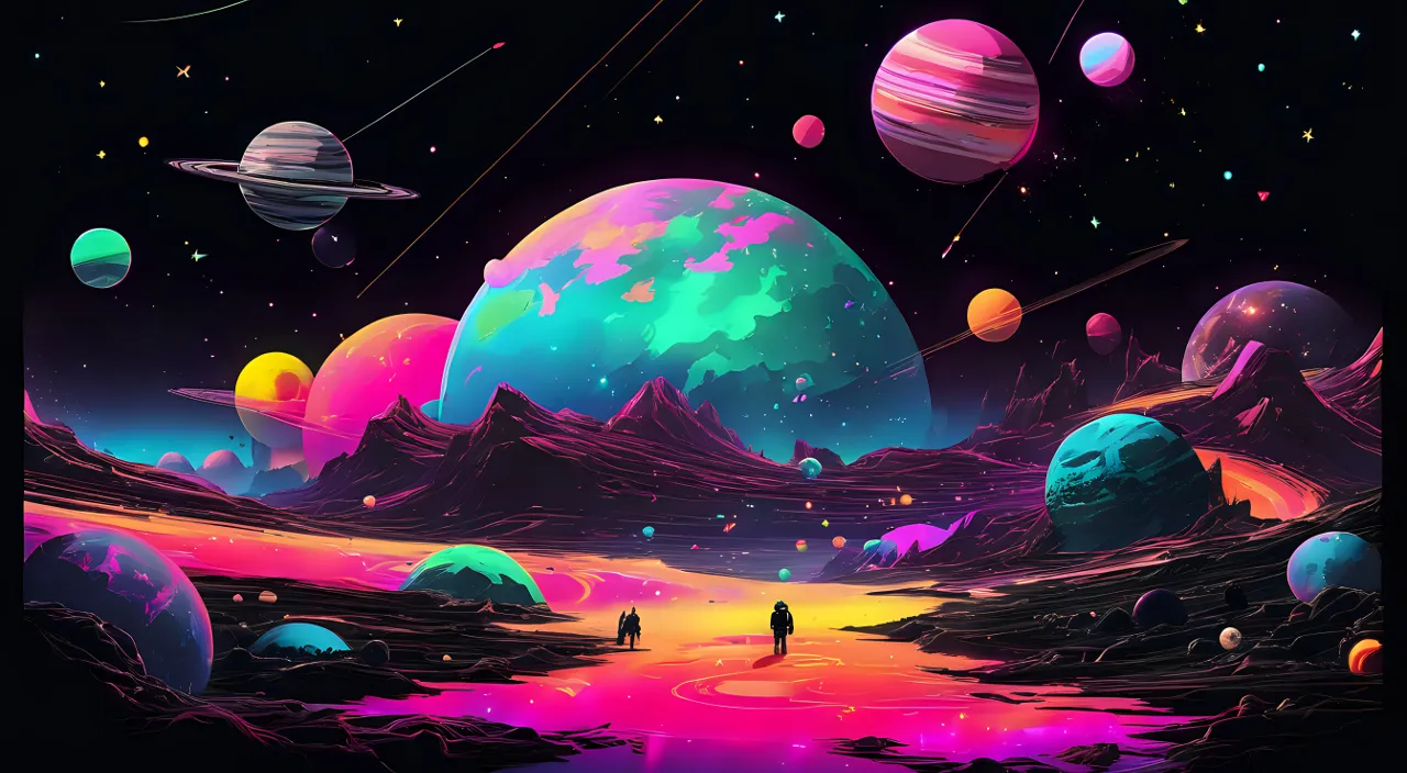 a painting of planets and a man standing in the distance