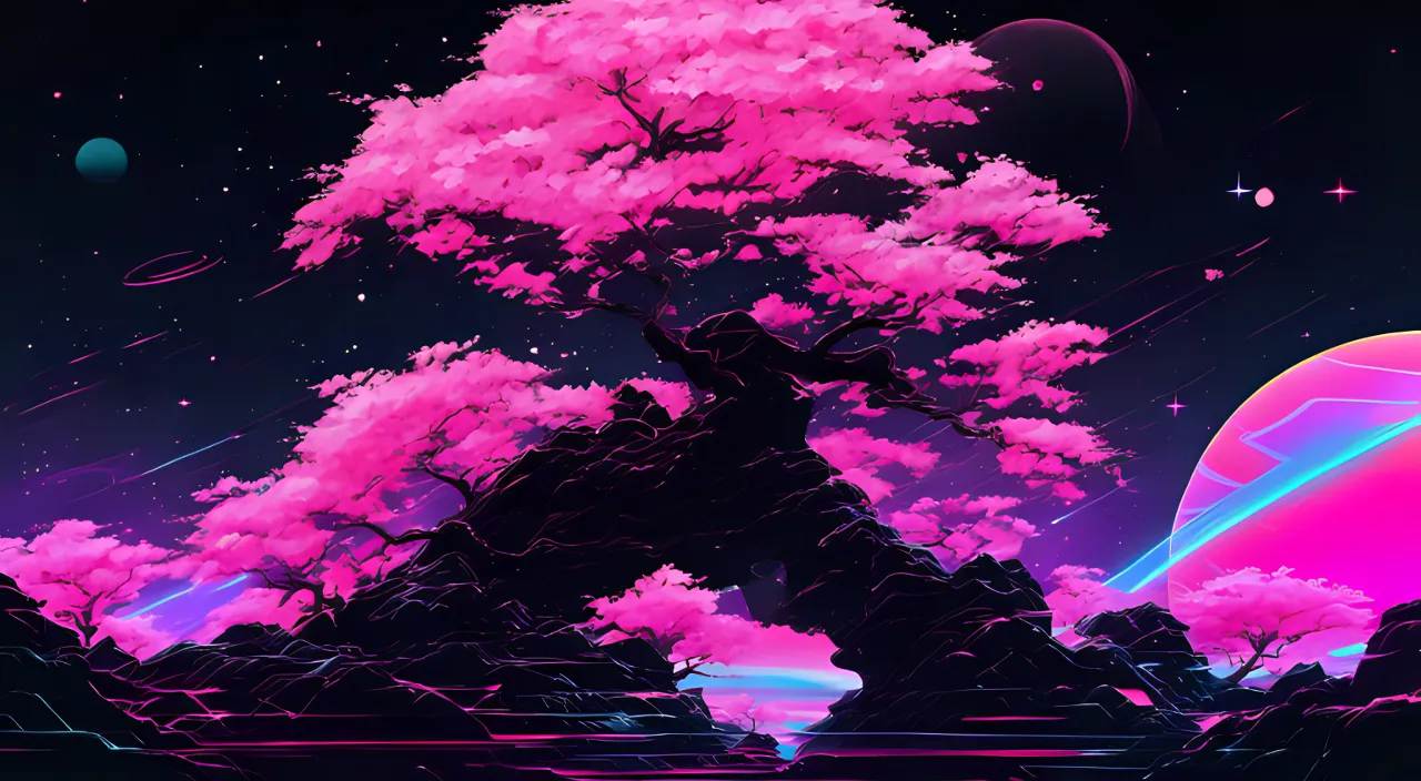 a painting of cherry blossom trees in the middle of the night with hills 