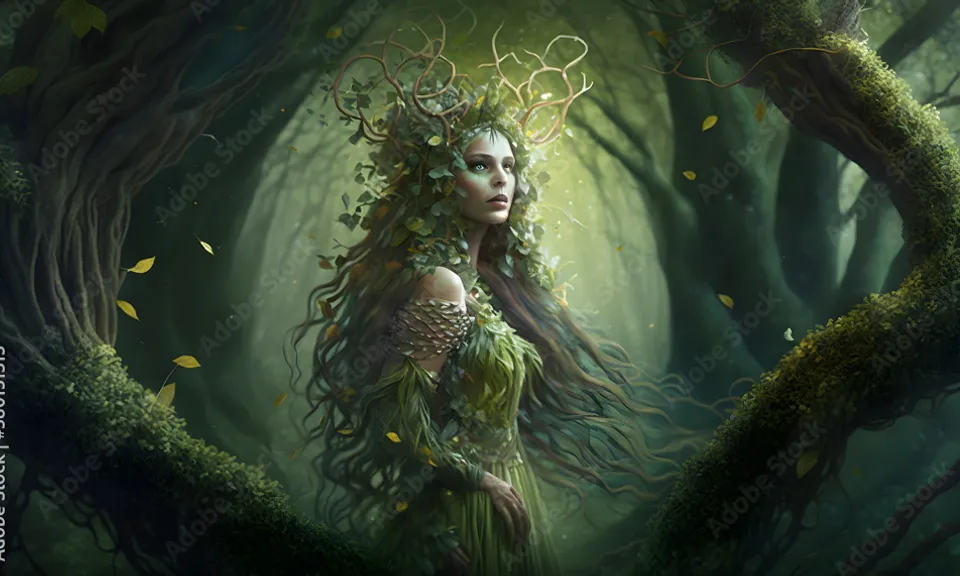 a painting of a woman in a green forest