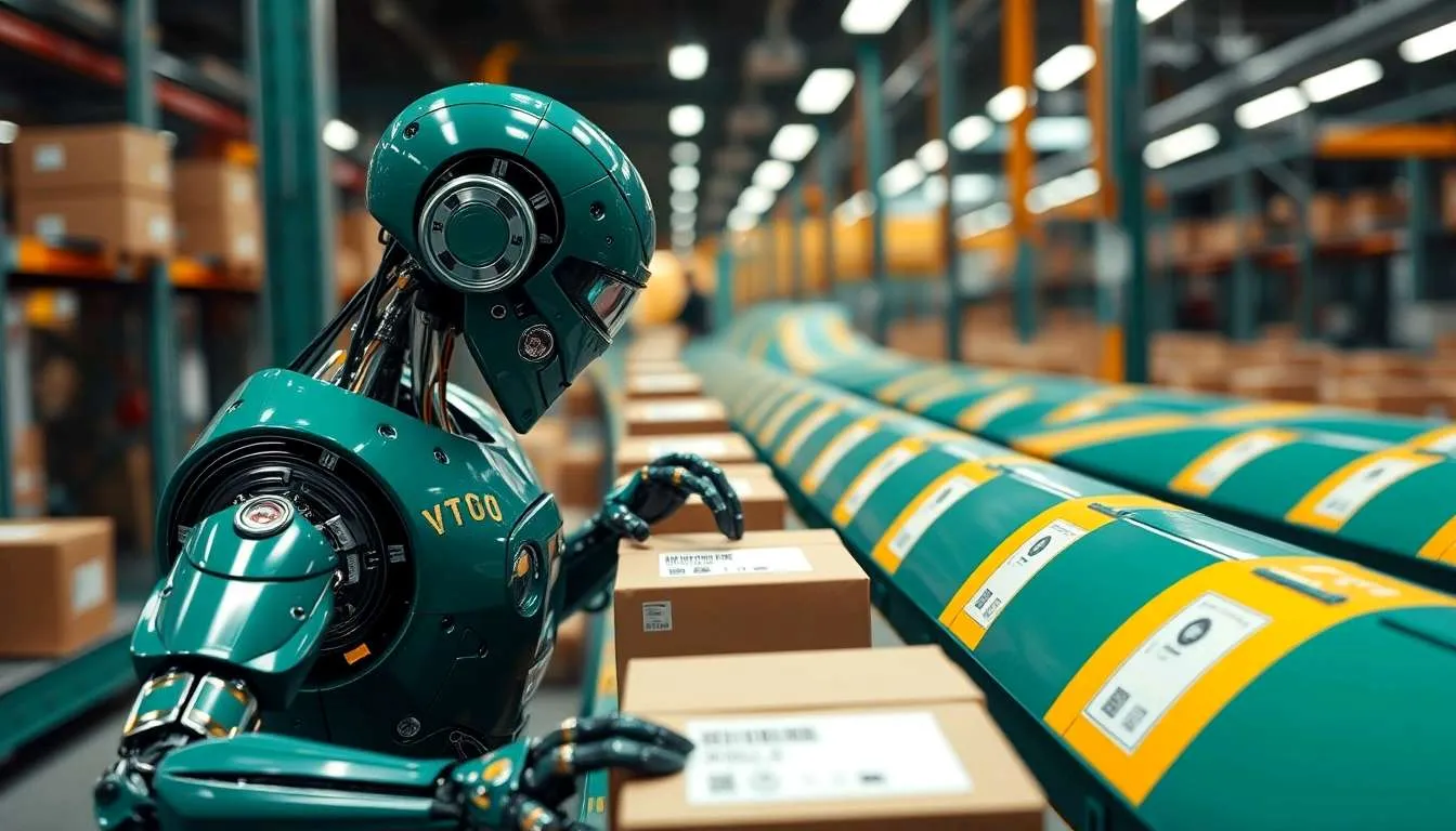 a robot affixes labels to boxes on a conveyor belt, advertising style