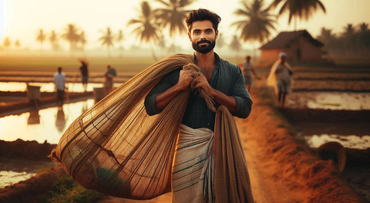 a man carrying a large amount of net across a banana garden