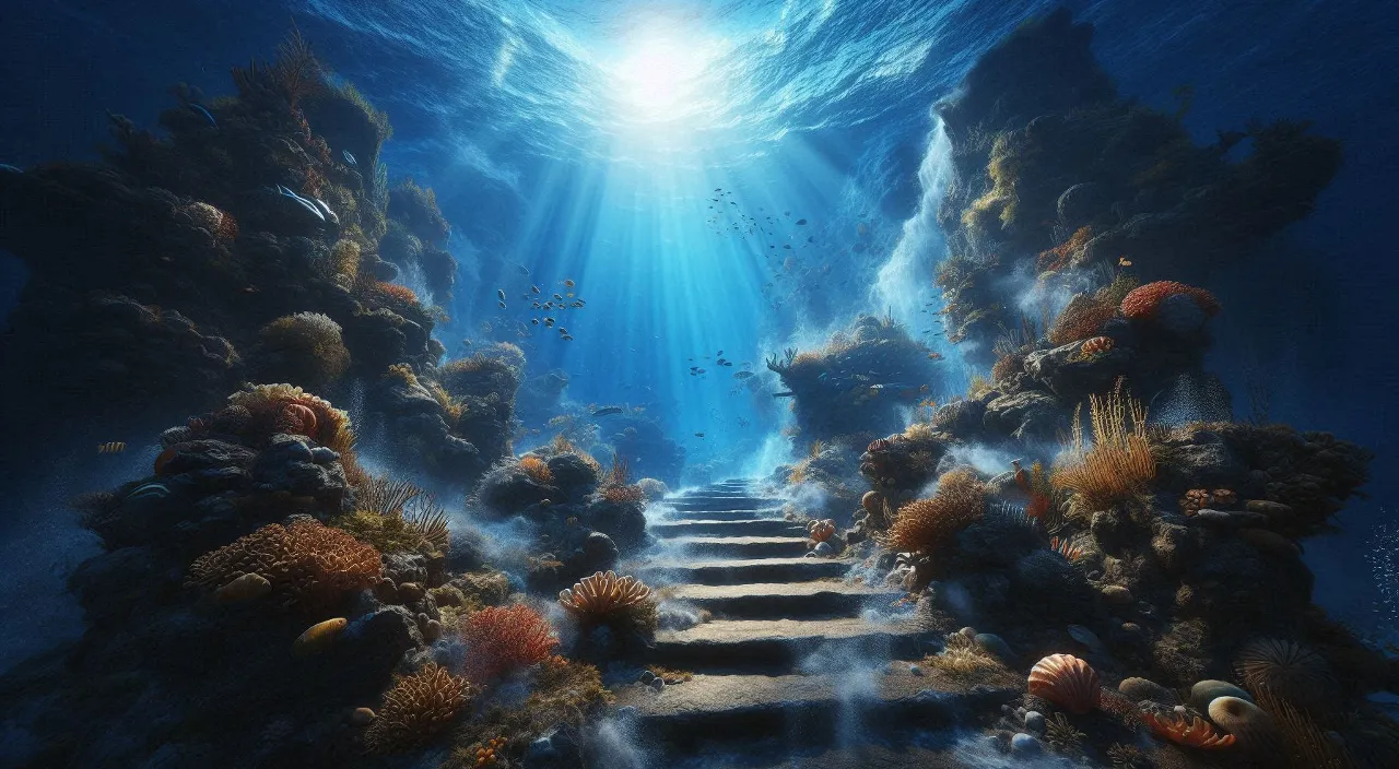 an underwater scene with stairs leading to the water