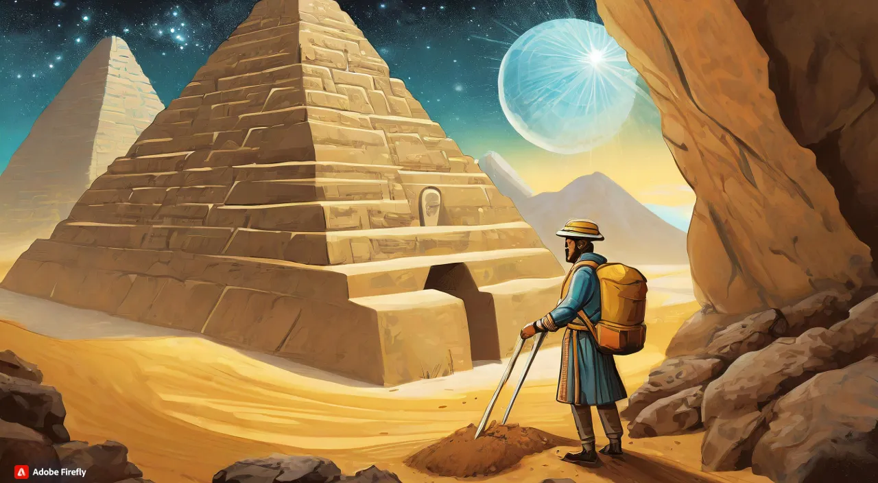 a painting of a man with a backpack standing in front of a pyramid