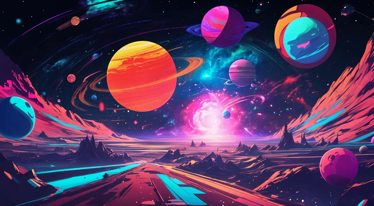 a painting of a colorful space scene with planets and stars