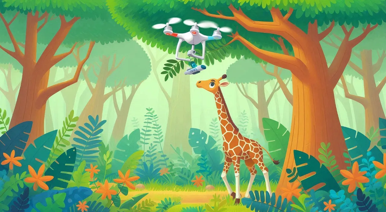 a giraffe standing with a drone in the middle of a forest