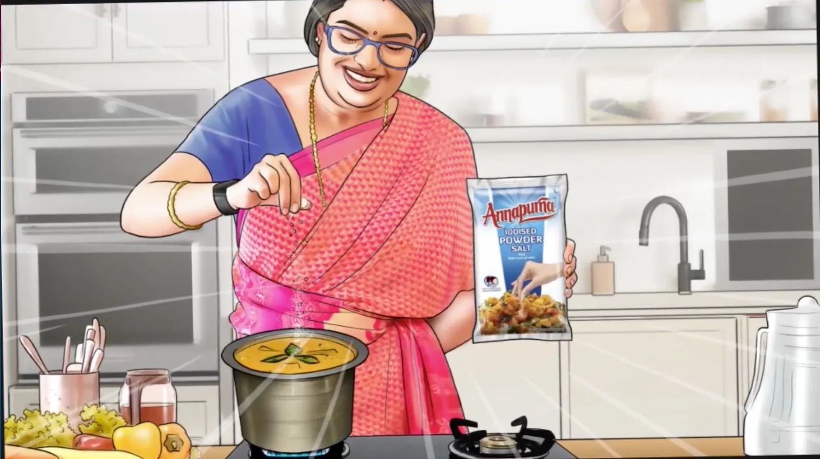 south Indian mother sprinkling salt into a sambar. We see a smartwatch on the wrists of the mother sprinkling the salt., advertising style