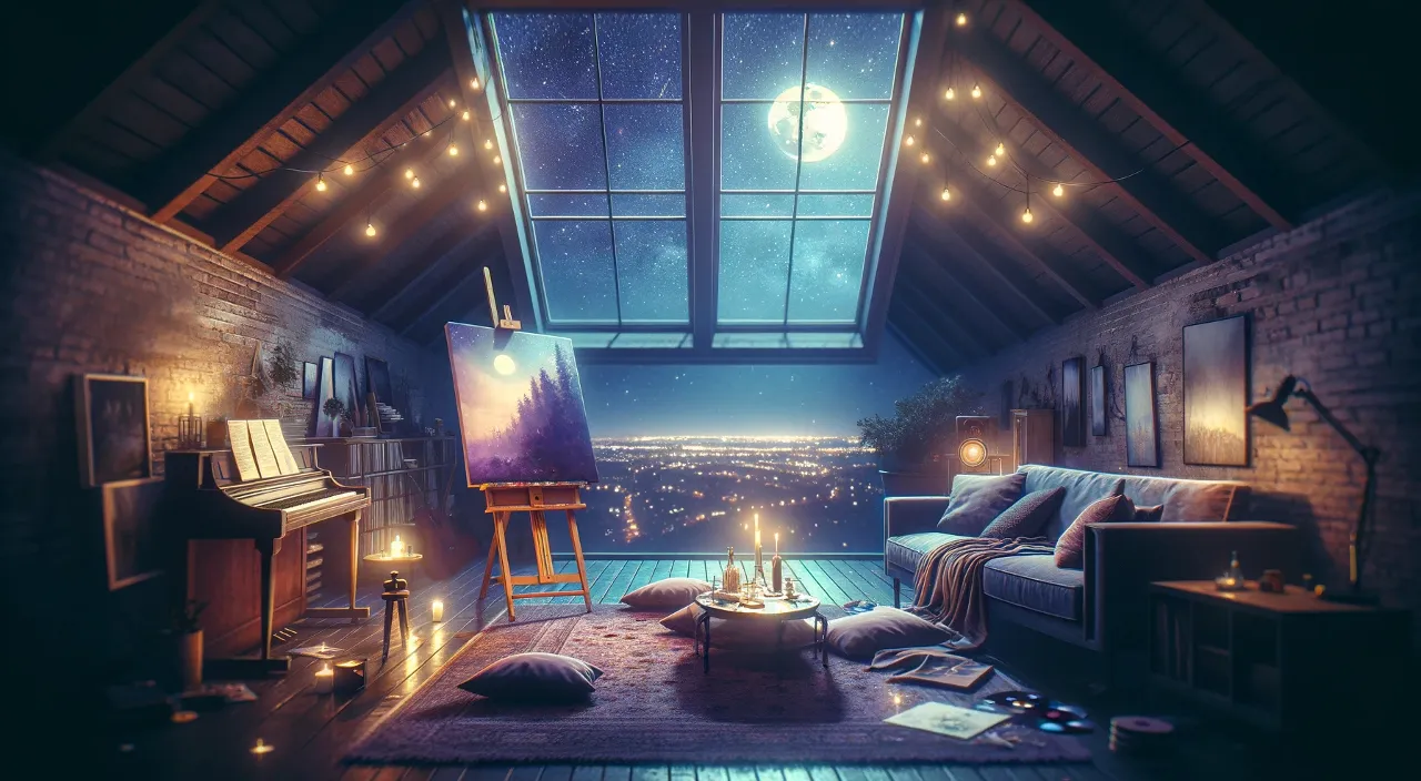 a candle lit living room with a large window with skylight and a view of the city and a full moon with shooting stars