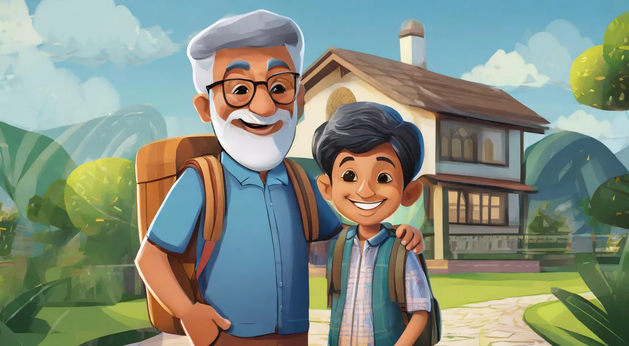 an old man and a young boy standing in front of a house