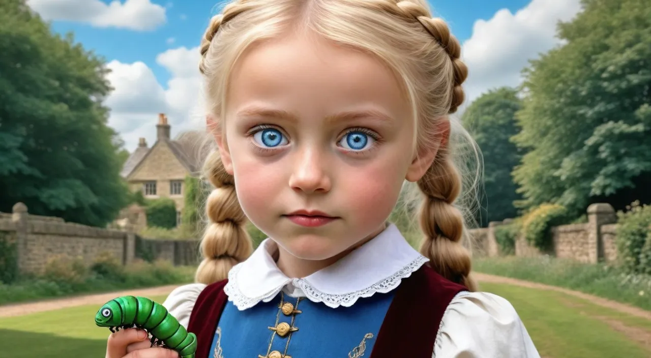 a little girl with blue eyes holding a green caterpillar