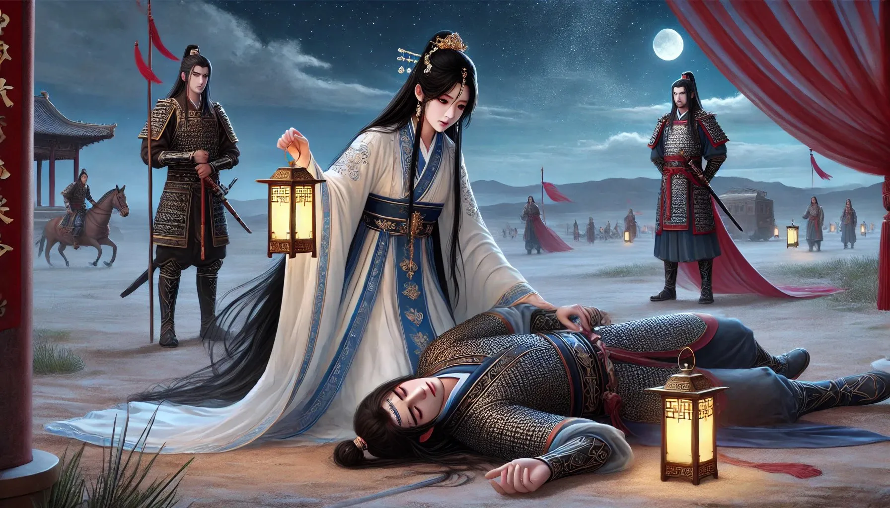 In this silent night, the gentle breeze quietly disperses. 

A noble lady, graceful and elegant, walks steadily with loyal guards following behind. 

She happened to pass by here, paused, and stood in front of the unconscious person on the ground.

keep the characters their face from original picture., advertising style