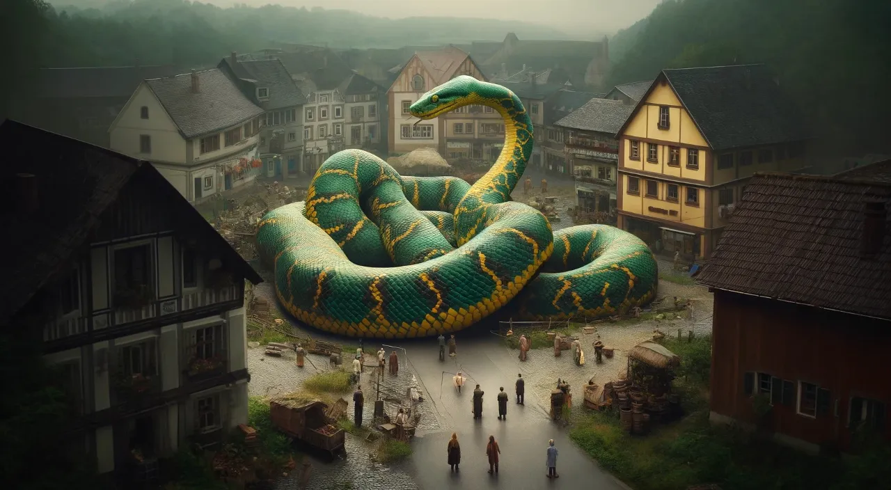 a giant snake is in the middle of a town