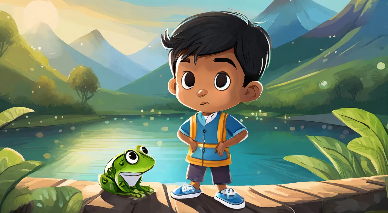 a young boy standing next to a frog near a lake