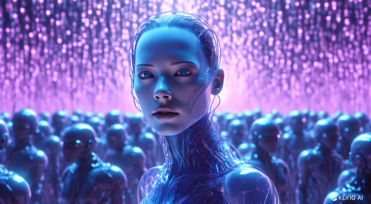 a woman with blue hair standing in front of a crowd of robots