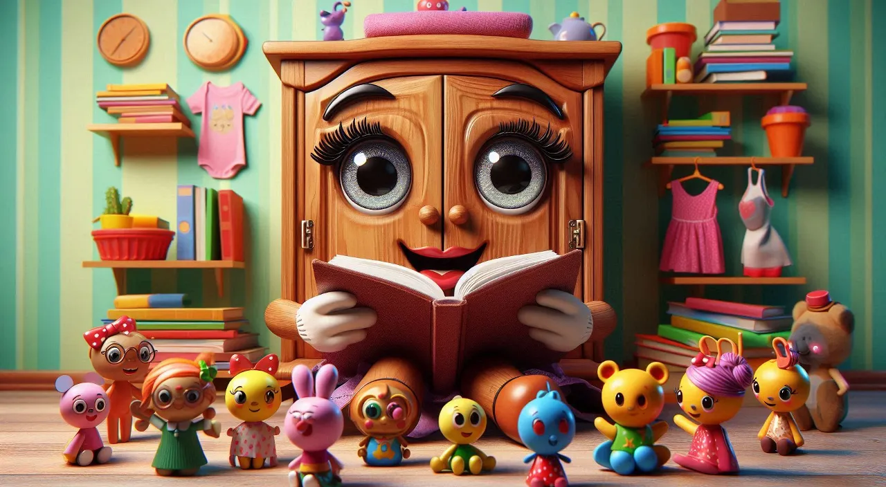 a cartoon character reading a book surrounded by toys