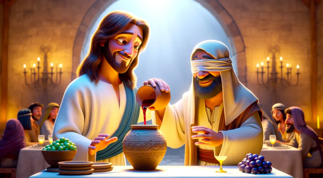 a painting of jesus and mary stirring a pot