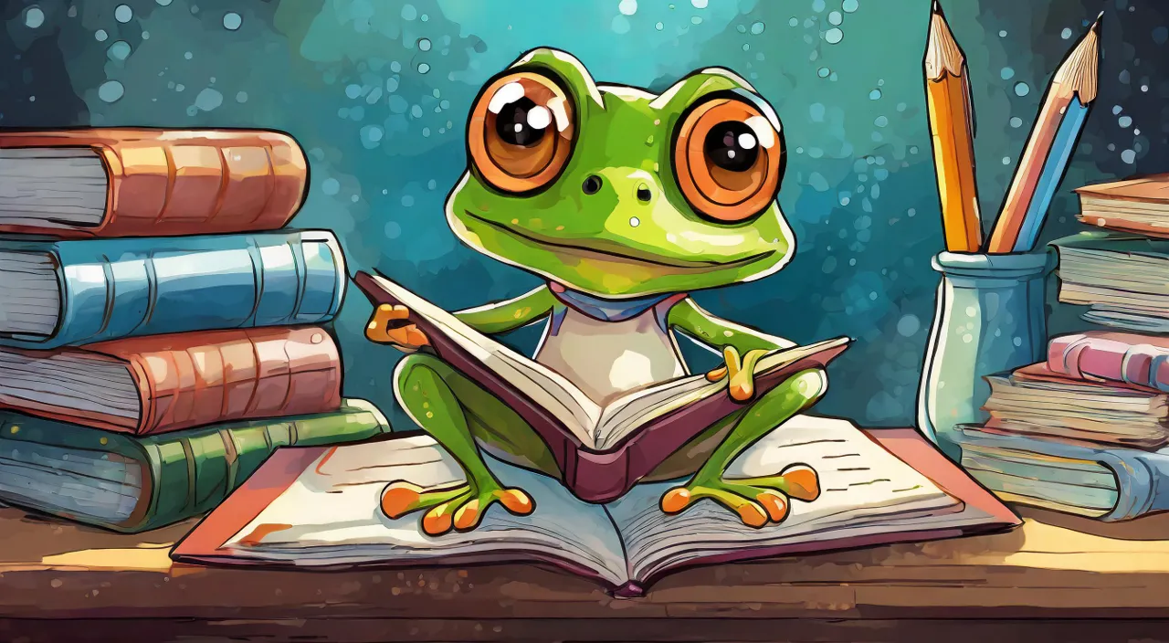 a frog is reading a book while surrounded by books