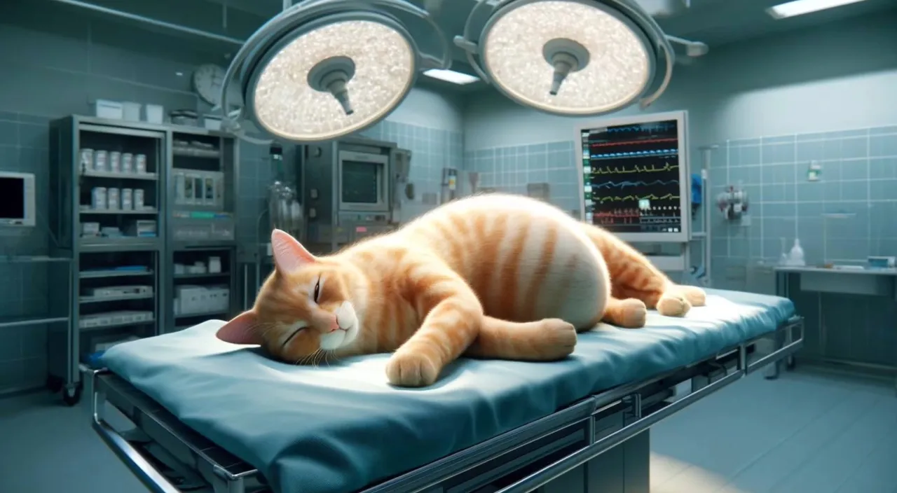 an orange cat laying on top of a hospital bed