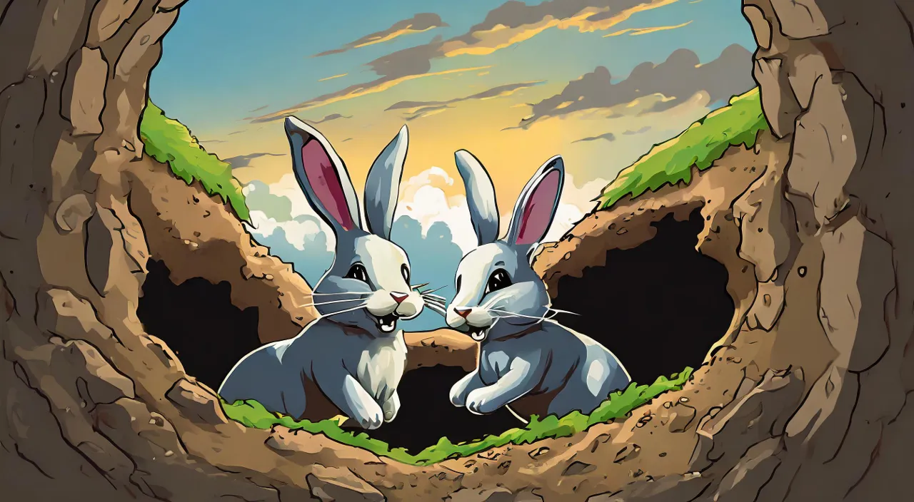 two rabbits in a hole looking at each other