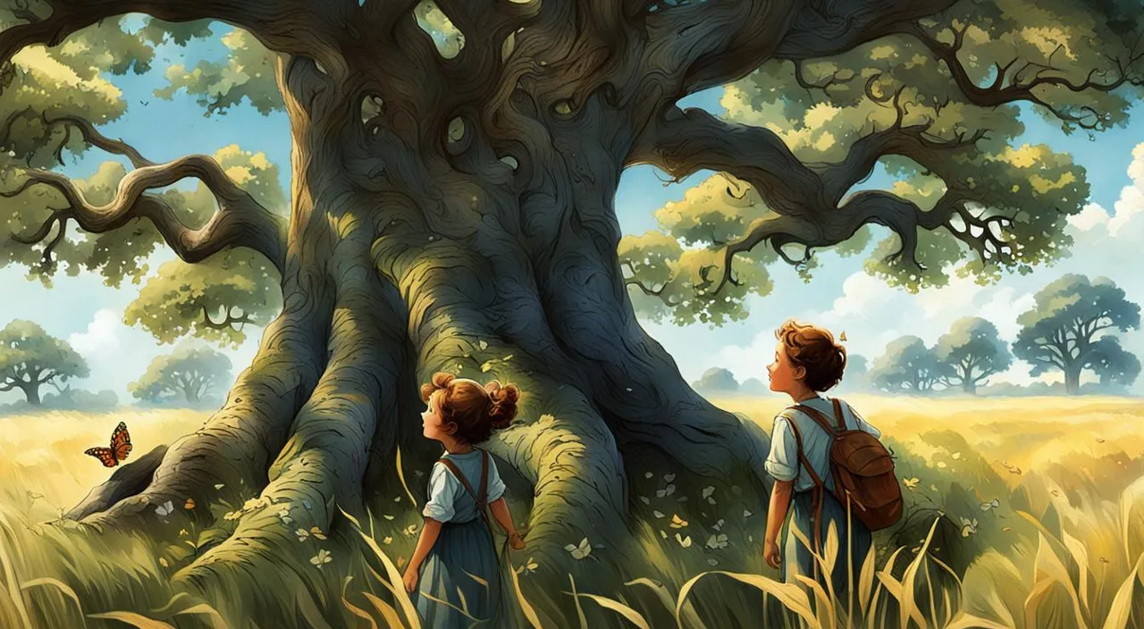 a painting of two children standing in front of a tree