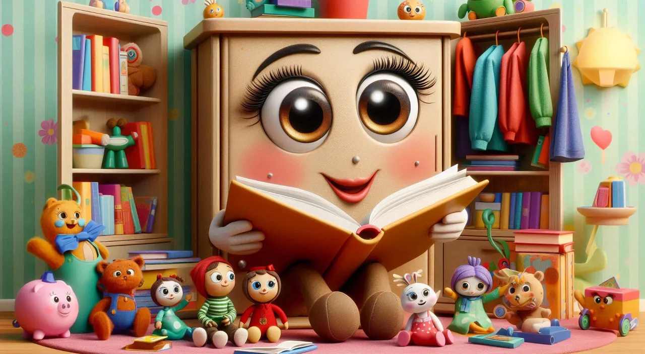 a cartoon character reading a book surrounded by toys