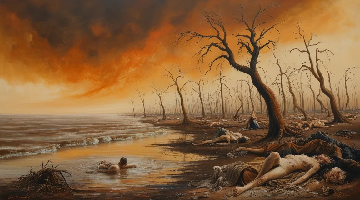 a painting of dead trees and dead water