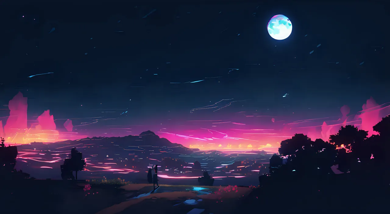 a hill looking at the night sky and over a cityscape