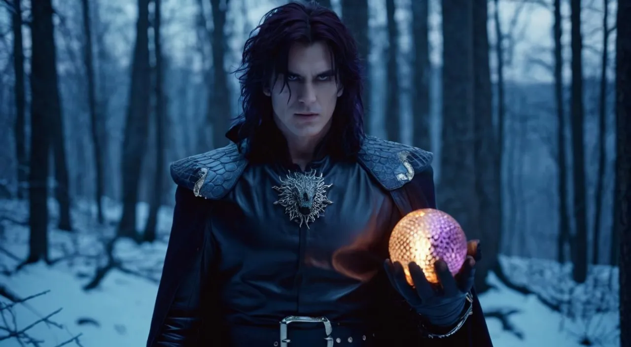 a man in a black outfit holding a crystal ball